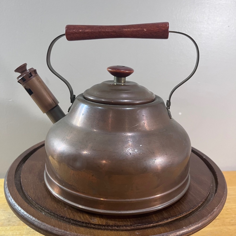 Vtg Copper Whistling Tea Kettle Wood Handle Rustic Farmhouse Kitchen Decor